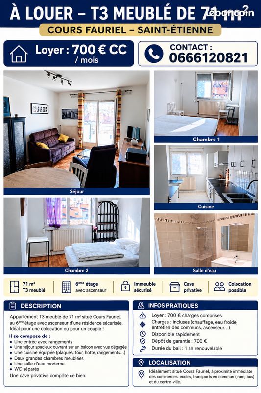 Appartement 3 pièces 71 m² · à Saint-Étienne · 71 m² · 700 €