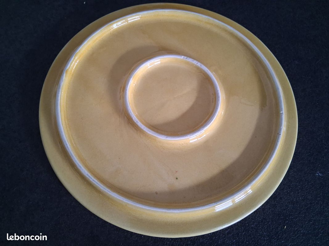 Dessous De Plat Rond Vintage Années 60 - Céramique Et Bois - ø 35cm