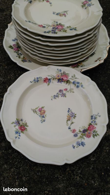 Service à gâteau ancien fleurs (bleu rose violet) (image 1)
