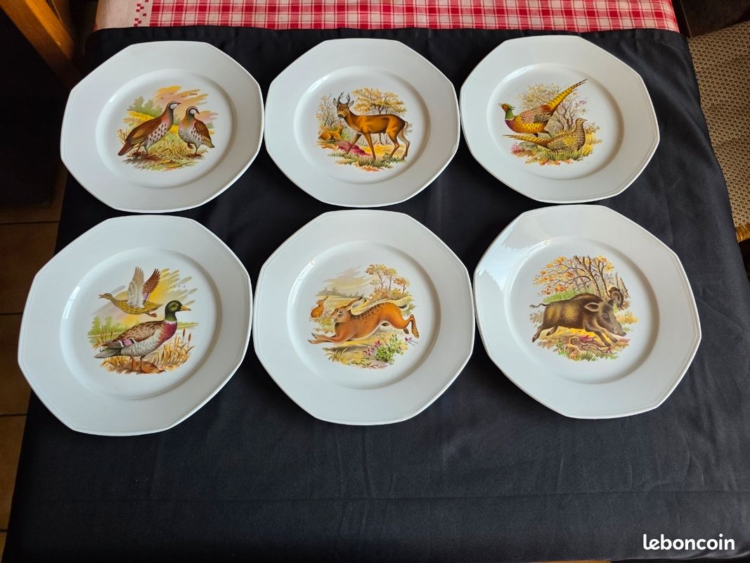 Lot de 6 assiettes plates octogonales décor chasse / gibier - 25,5 cm (image 1)