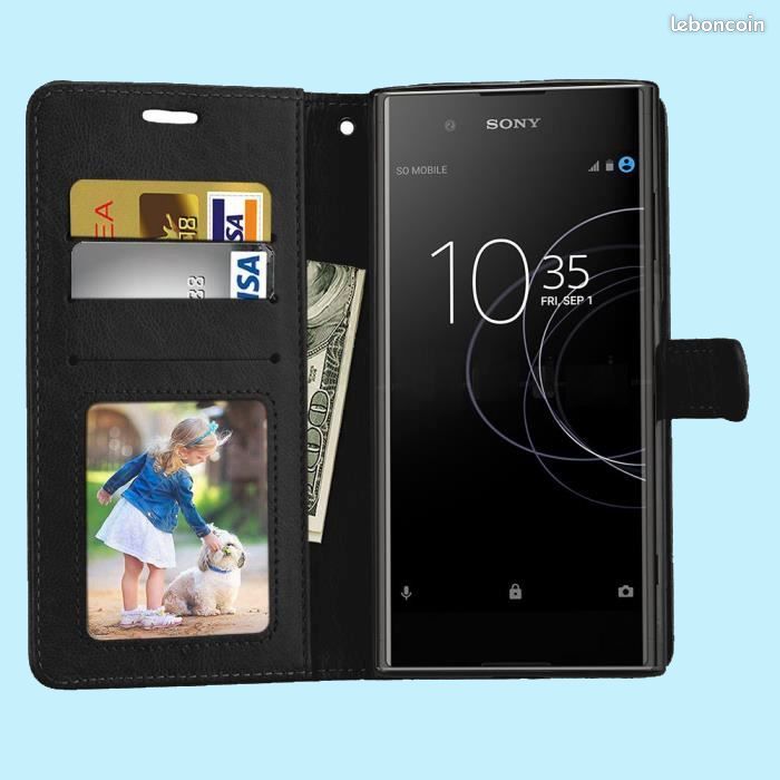 Housse Etui Sony Xperia XA1 Cuir Premium Flip Étui Portefeuille – Noir (image 1)
