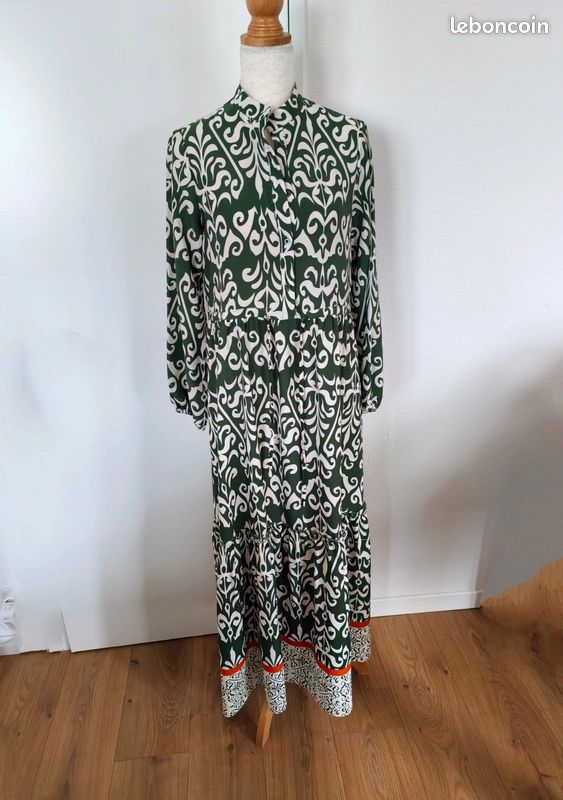 Robe longue imprimé vert et blanc, Joli & Jolly, taille 38 (image 1)
