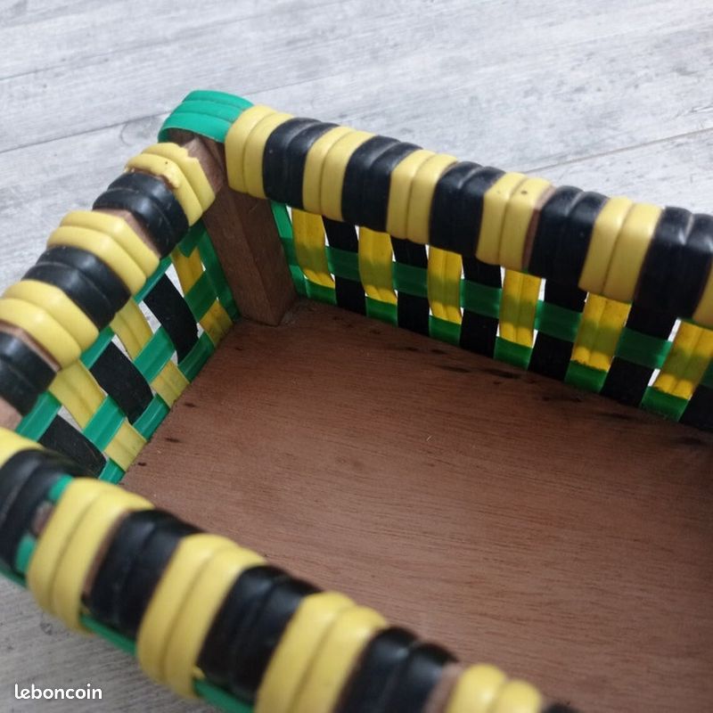 Boite vintage vinyle tressé jaune vert noir vide poche boite à bijoux (image 6)