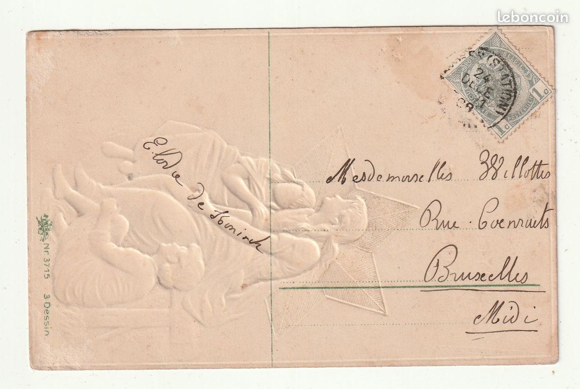 Carte Postale Ancienne . Fantaisie Embossée . Joyeux Noel . Femme . Enfants . Etoile . 1908 (image 2)