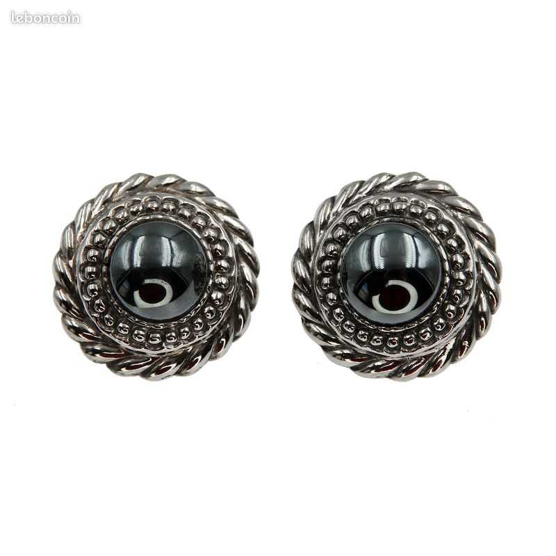 Boucles d'oreilles clip cabochon en perles synthétiques plaquées argent B4 vintage des années 1980 - France
