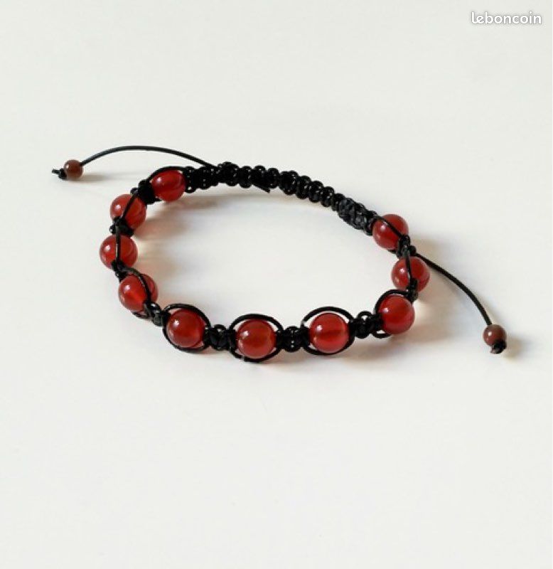 Bracelet Shamballa en cuir noir naturel et pierre semi-précieuse Cornaline (image 1)