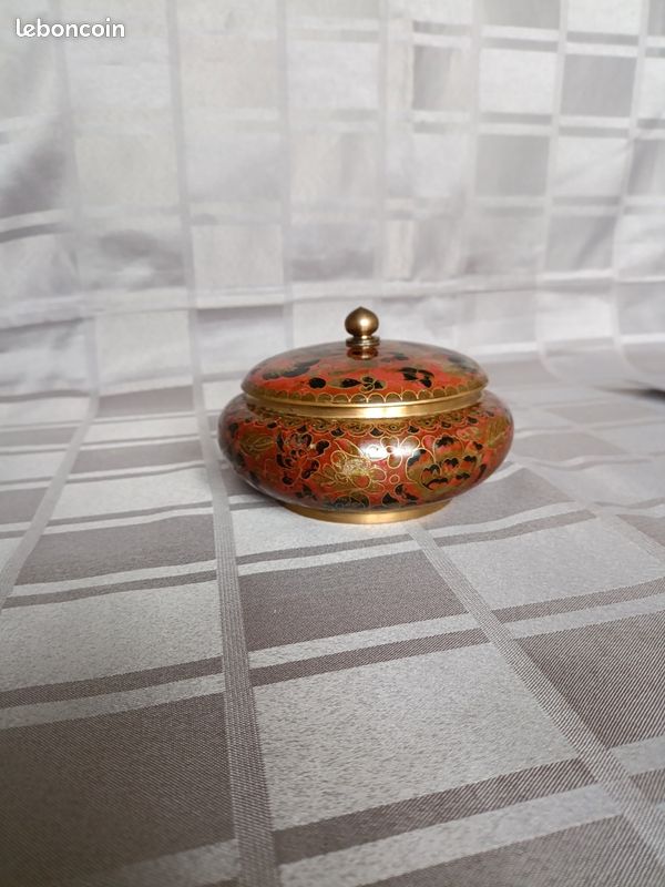 Pot à gingembre / Bonbonnière ancien email cloisonné et laiton Chine diamètre 12,5 cm (image 2)