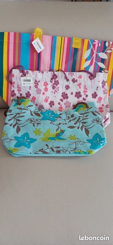 Sac Shopping Plage Réutilisable En Coton - Motif Fleuri Rose Et Blanc, Neuf Avec étiquettes