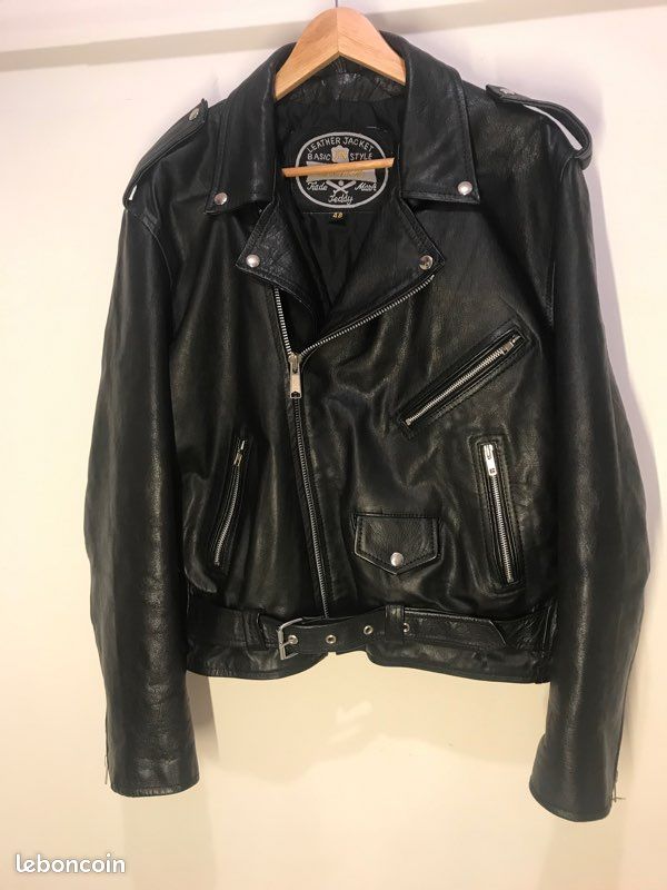 Blouson Biker En Cuir Noir Vintage Années 80/90 - Taille M, état Authentique