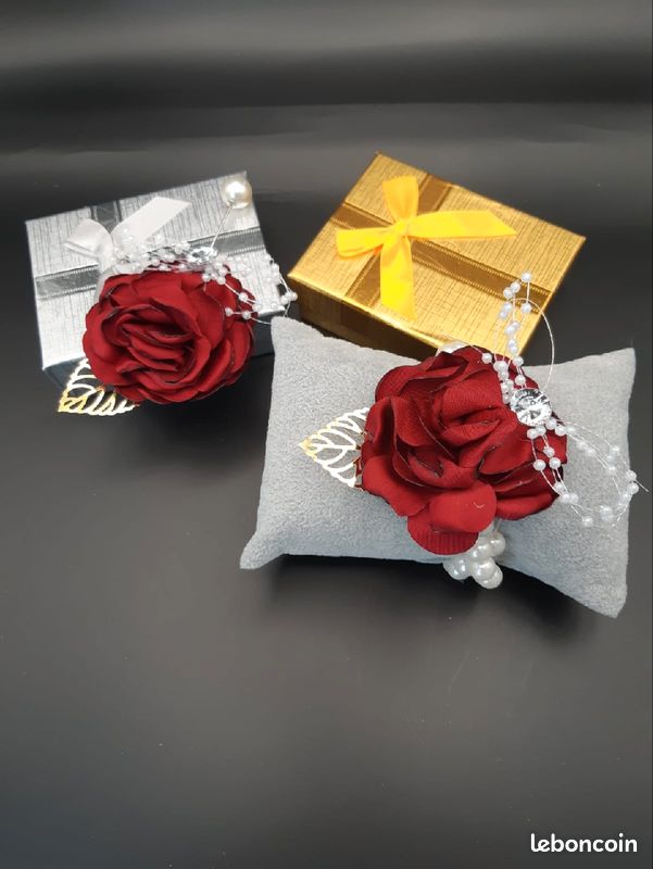 Parrure Bracelet Boutonnière rose rouge perles (image 3)