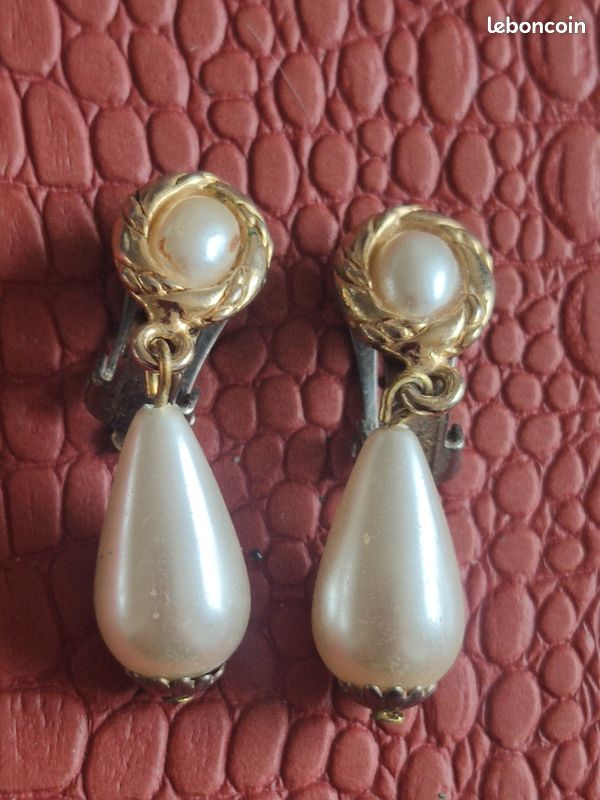 Boucles D'oreilles Clips Vintage Or Et Perles Blanc Nacré - Occasion En Parfait état