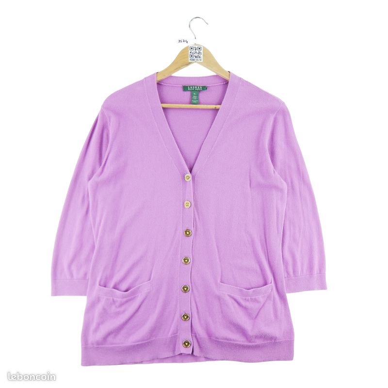 Cardigan fève LL femme taille L 12 rose tricot câble coton longues