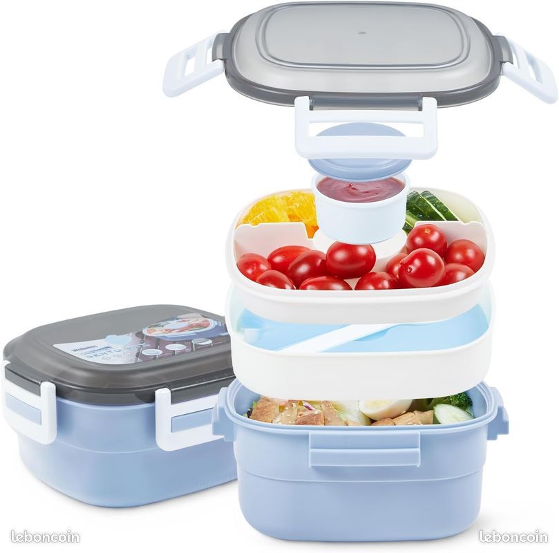 Boîte à déjeuner bento 1600ml Saladbox NEUVE – 4 compartiments + pot à sauce – Parfaite pour école, pique-nique, bureau (image 1)