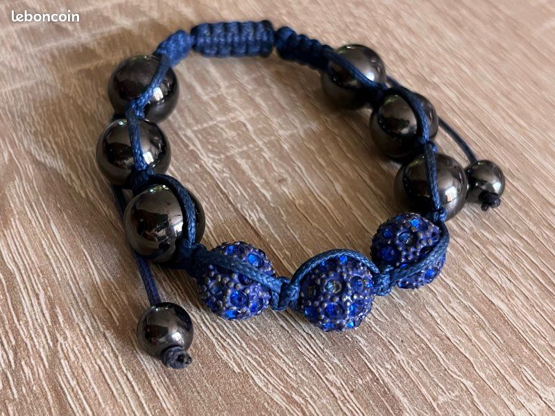 Bracelet fantaisie style Shamballa bleu & noir (image 2)