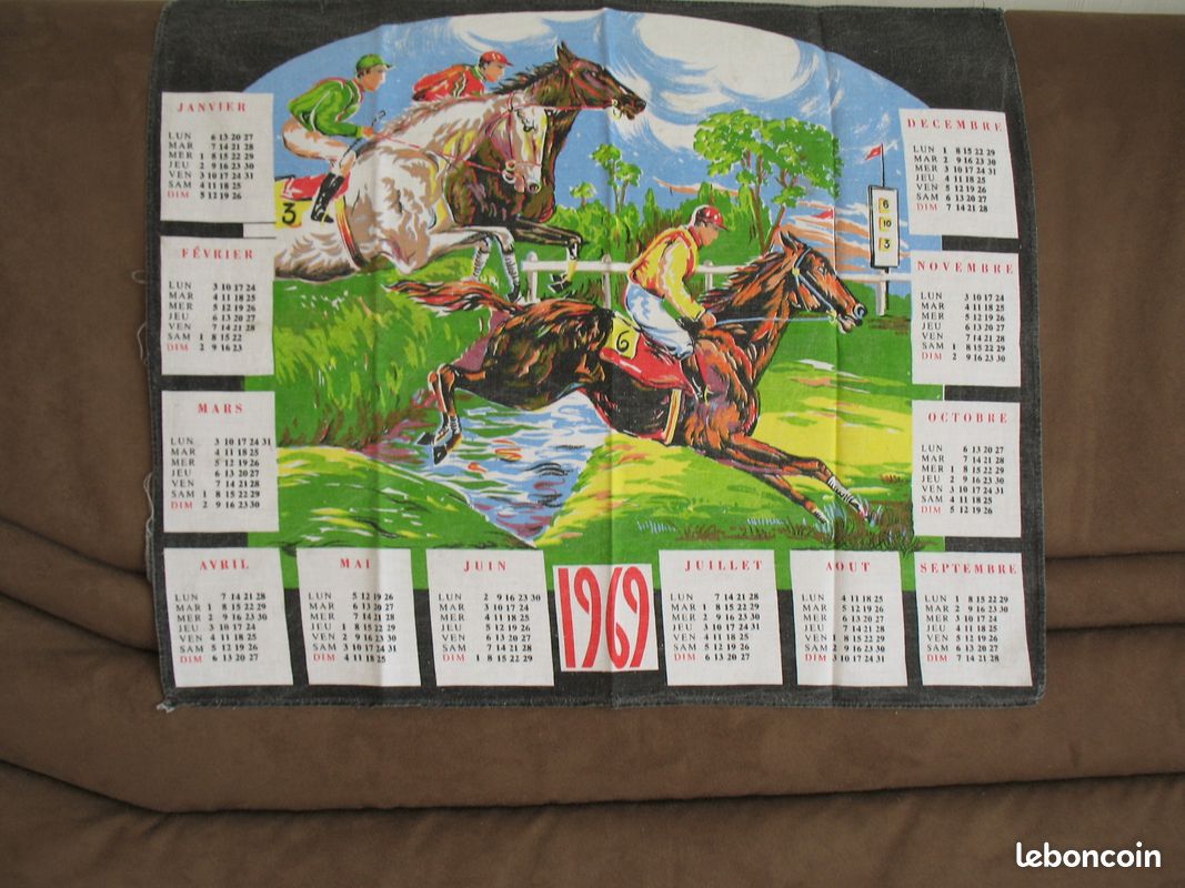 🧺 Rare Torchon Vintage Décor Marine - Calendrier 1969 - 100% Coton