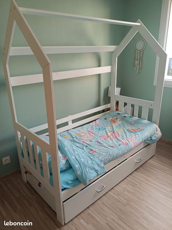 🛌 Lit Cabane Enfant 160x80 cm avec matelas + grand tiroir de rangement (image 1)