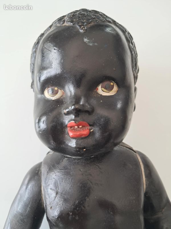 Poupon Ancien 33 Cm - Tête Noire Terre De Pipe Et Corps Crin - Vintage