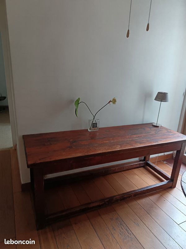 Ancienne table de ferme étroite en bois massif 2m – Bureau de métier rustique chic (image 2)