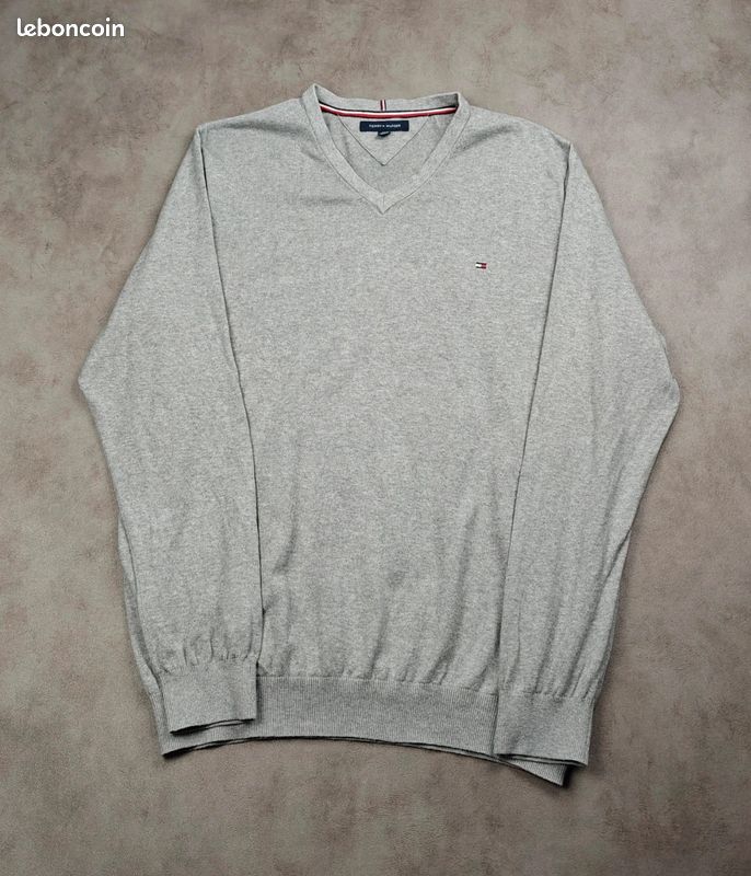 Sweat Tommy Hilfiger [XXL] 100% coton col V logo brodé homme pull gris #TH364 (image 2)