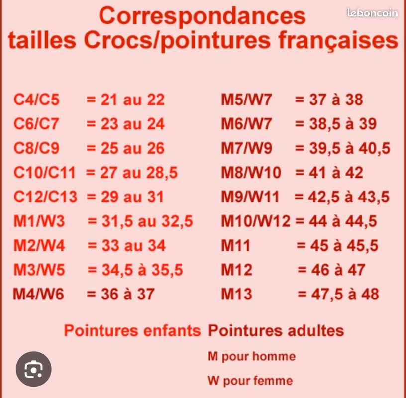 Tableau Taille Crocs Croc's Homme 46 47 Chaussures