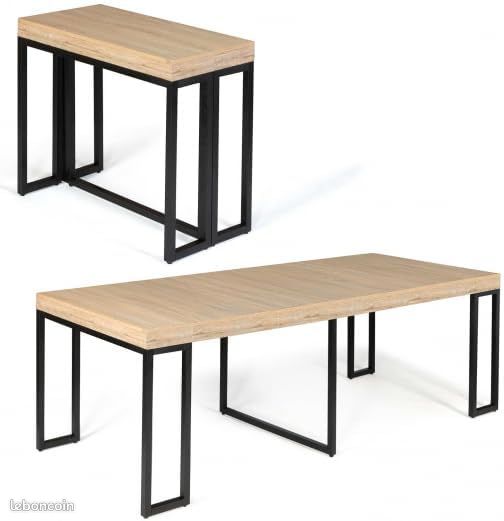 Table Console Extensible 45 à 235 cm – Design Industriel Loft – 4 Rallonges Incluses – Jusqu'à 10 Personnes – Bois et Métal Noir (image 1)