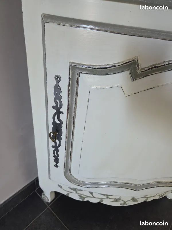 Meuble Angle Relooké Patiné Blanc Gris 1 tiroir 1 porte (image 3)