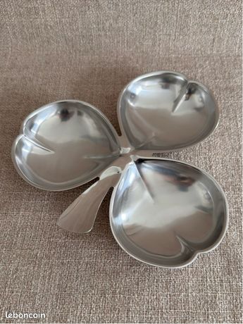 Plat Apéritif Inox Jean Couzon Vintage – Forme Trèfle, Décor Feuille