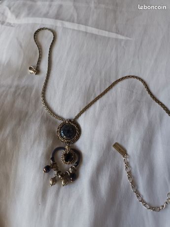 Collier Mi-Long Satellite - Pendentif Pompon Améthyste - Pierre Et Bronze - Style Bohème - Occasion