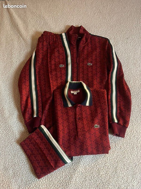 Ensemble survêtement veste, pantalon et t-shirt rouge originale authentique de marque Lacoste (image 1)