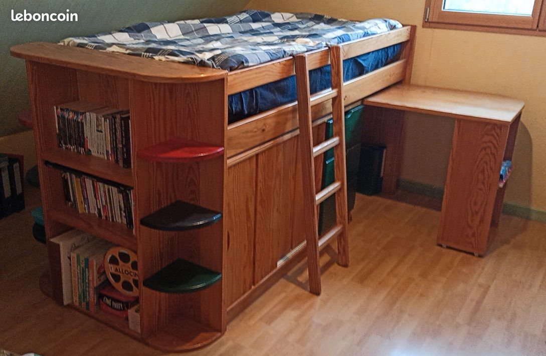 Lit bureau rangement enfant/ado/étudiant bois massif (image 1)