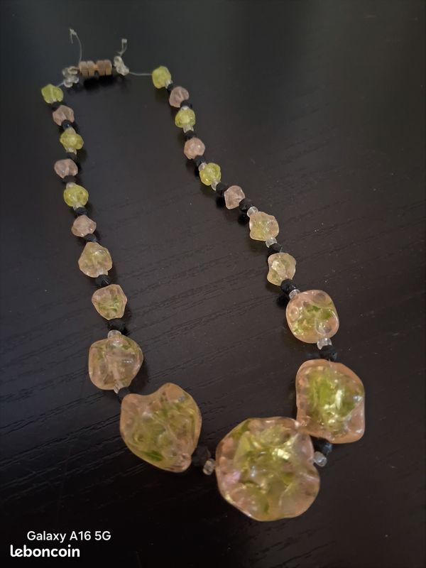 Collier Vintage Perles Pâte De Verre – Jaune Et Vert, Bijou Créateur, état Impeccable