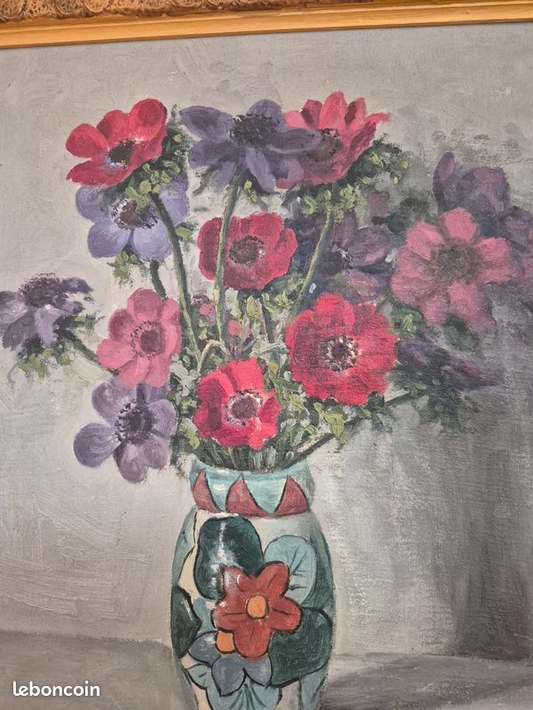 CLAUDE CHAUVIGNAC, ÉCOLE LYONNAISE, " pot fleuri et bouquet d'anèmones" huile sur toile 42 x 33 (6F) (image 3)