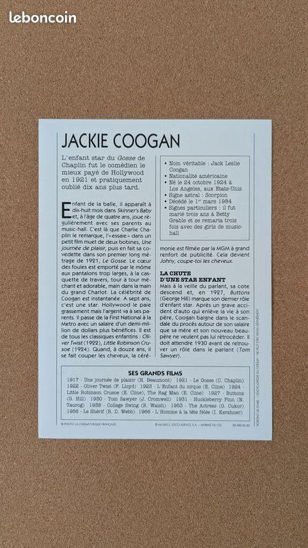 Jackie Coogan - Fiche photographique vintage (image 3)