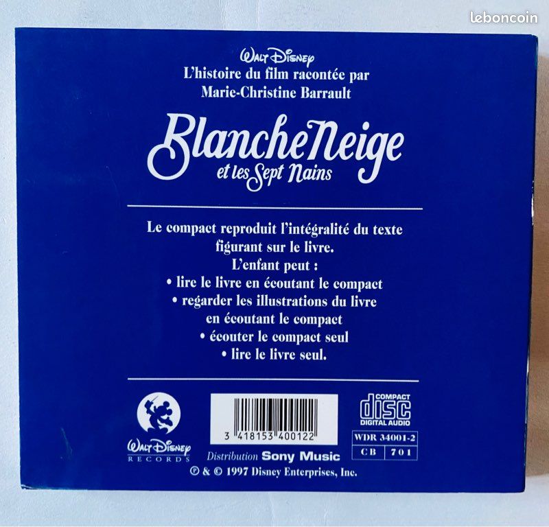 Walt Disney Blanche neige et les sept nains rare CD livre collection 1997 en excellent état (image 2)