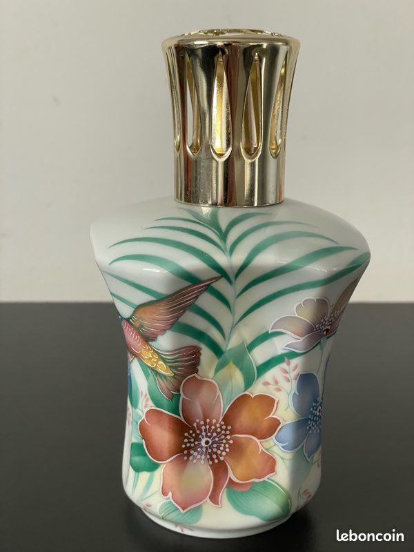 Lampe Berger Vintage En Porcelaine - Fleurs Roses & Jaunes - France - Occasion (Non Testée)