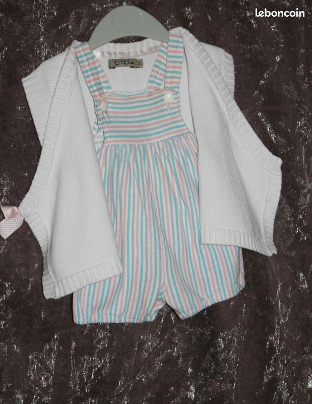 Ensemble salopette short été et gilet sans manche TAO bébé fille 6 mois (image 1)