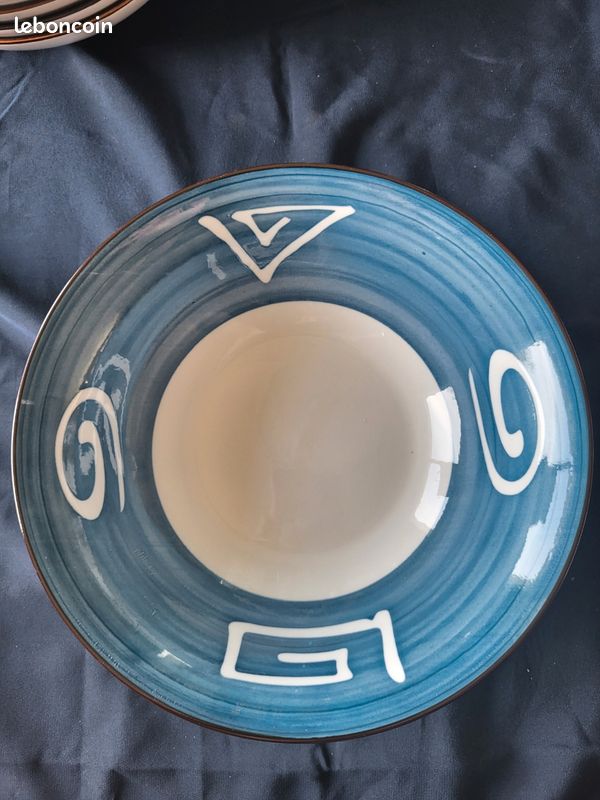 Lot De 2 Assiettes Creuses 21 Cm En Céramique Bleu - Assiettes à Pâtes, Soupe, Salade Avec Liseré Doré, Design Rustique Chic