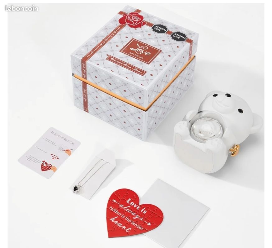 Mikasol Ours en Teddy Romantique Blanc avec Rose Préservée - Cadeau Parfait pour la Saint-Valentin (image 6)