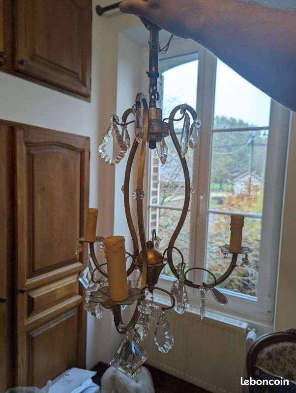 Lustre ancien laiton bronze pampilles 3 feux (image 2)