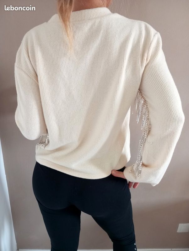 Pull femme Zara couleur crème avec franges en strass NEUF