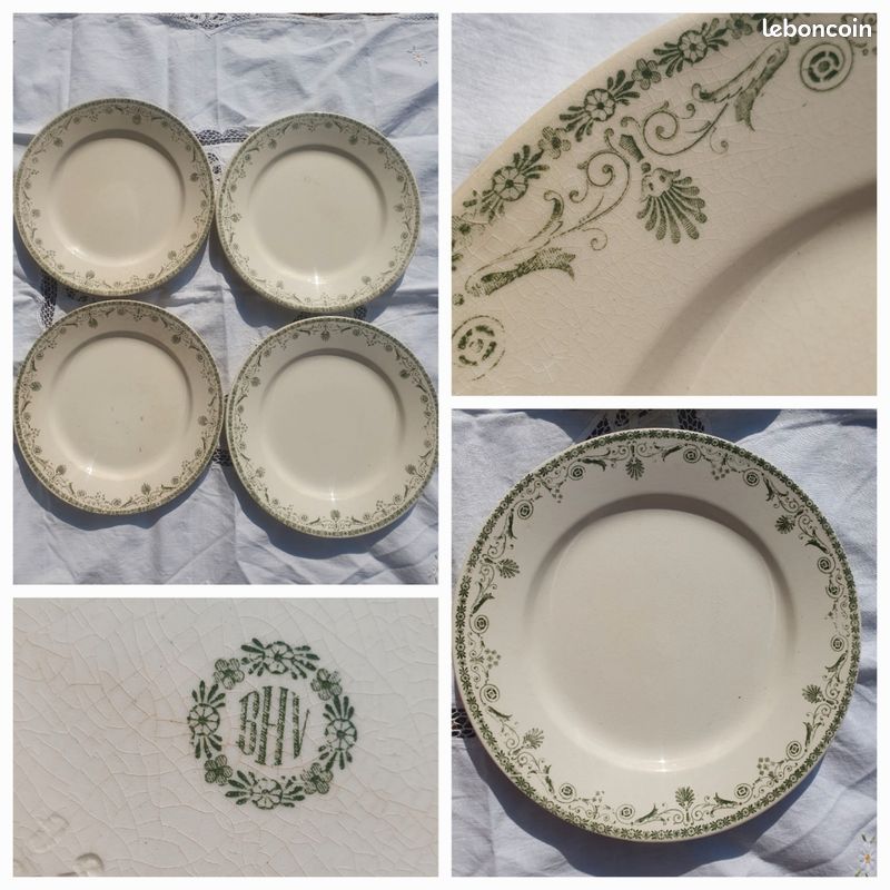 Assiettes plates terre de fer vert estampillées BHV (image 1)