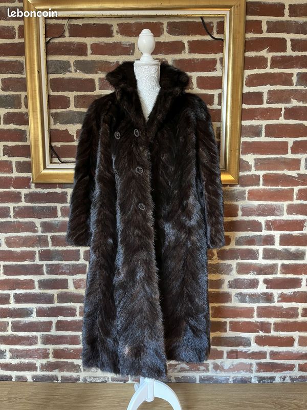 Manteau Long En Fourrure De Vison – Vintage – Taille L – Marron – Femme
