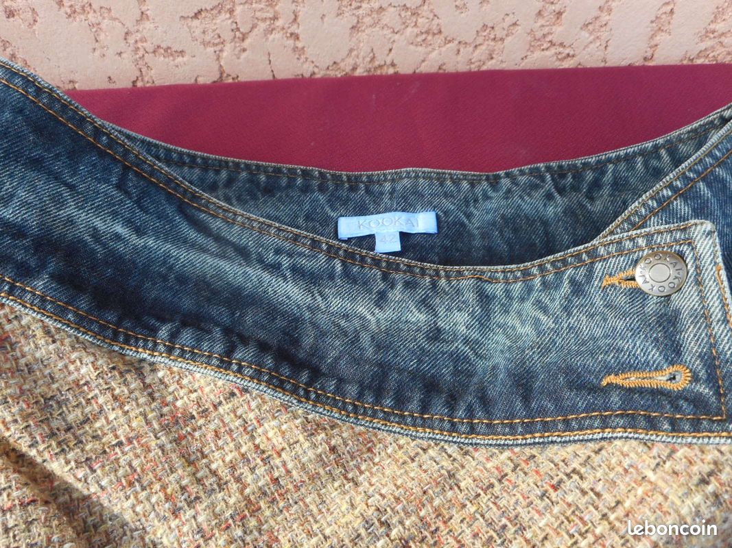 Jupe mi longue évasée beige mouchetée ceinture jean T 42 KOOKAI (image 3)