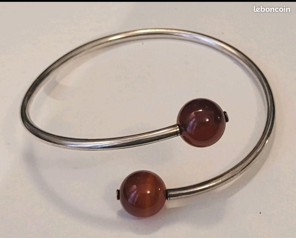 Bracelet Jonc Ouvert Argent Massif 925 et Boules De Cornaline #K19 (image 2)