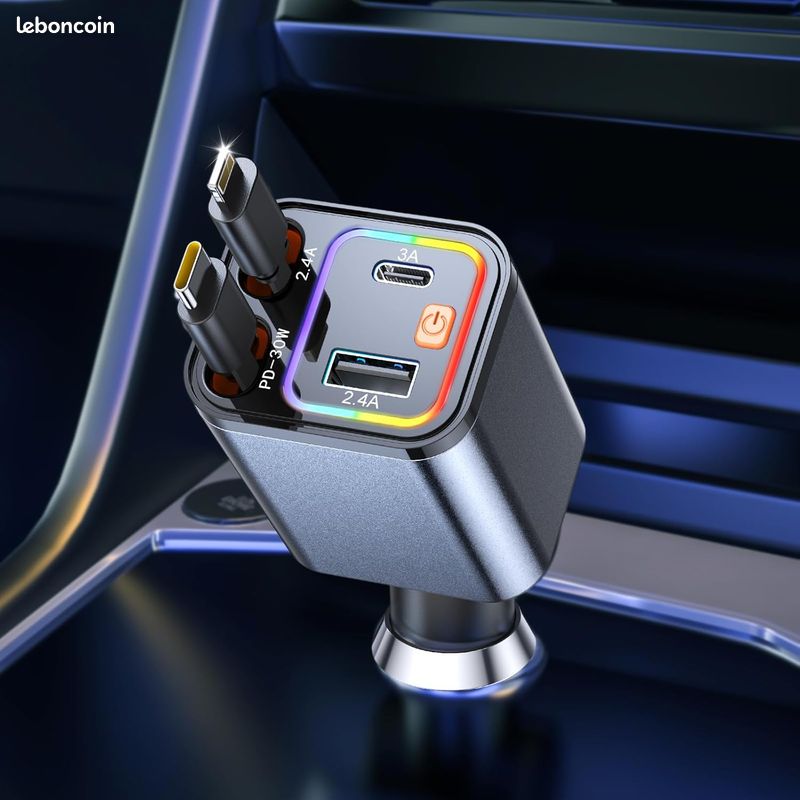 Chargeur de voiture USB C 4 en 1 69 W, chargeur de voiture avec 2 câbles