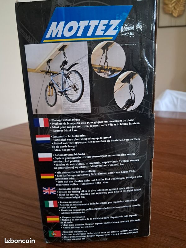 Mottez Lève-Vélo B128P – Support Plafond Jusqu'à 4 M, Charge Max 20 Kg, Idéal Pour Garage & Atelier