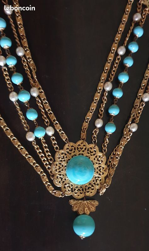 Parure De Bijoux Strass Turquoise Sur Métal Doré - Collier, Boucles D'oreilles ? Style Festif, Garanti Sans Nickel