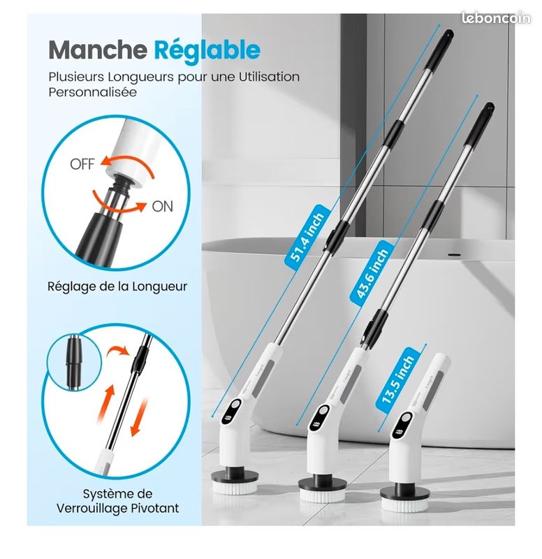 Brosse Nettoyage Électrique Sans Fil – 9 Têtes Interchangeables, Bras Télescopique, 3 Vitesses, IPX7