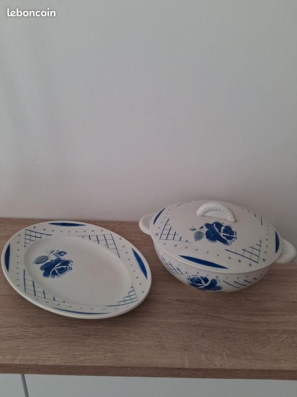 Lot Saladier Et Plat Lunéville Faïence, Couvercle, Motif Fleurs, Vintage