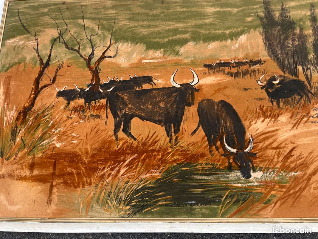 Grand tableau ancien signé K. Chamby - Scène de taureaux / manade en Camargue (image 5)